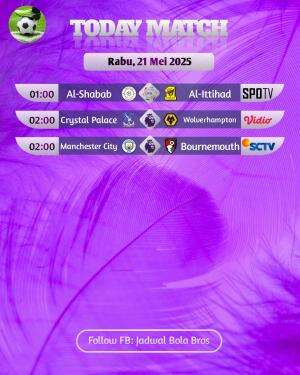 Jadwal Live TV Nasional 👇 

– SCTV 02.00WIB: Manchester City vs Bournemouth (Rabu dinihari, Liga Inggris)

Semoga Tim kalian menang Hari ini