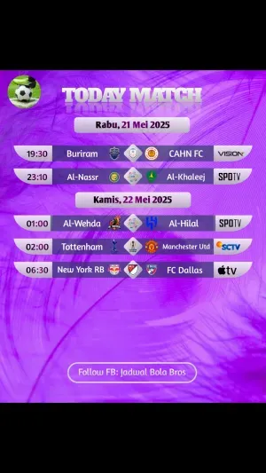 Jadwal Live TV Nasional 👇 

– SCTV 02.00WIB: Tottenham vs Manchester United (Kamis dinihari, Liga Europa)

Semoga Tim kalian menang Hari ini