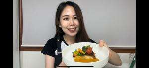 Pan-Seared Salmon Bumbu Kuning with Asam Padeh Sauce, Sauteed Garlic Baby Bok Choy, Cherry Tomato and Blanched Baby Carrot. 