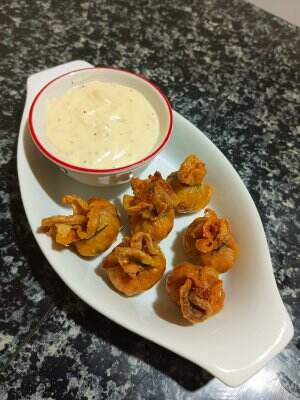 Fried Skin Dumpling with Cheese & Garlic Sauce. simple spesial