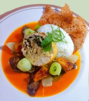 Ballotine ayam daun ubi & saus pacri nanas.