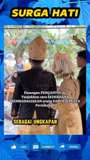 Pengantin ini sempatkan datang ke dapur, sebagai apresiasi kepada ibu-ibu yang sedang sibuk memasak hidangan di acara pernikahan mereka.