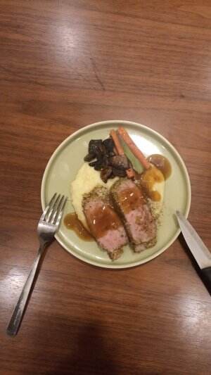 make The beef GREAT AGAIN! (Beef ribeye herb crusted sauteed veggies with mashed potato and demi glace sauce)  #onlineauditionmci11