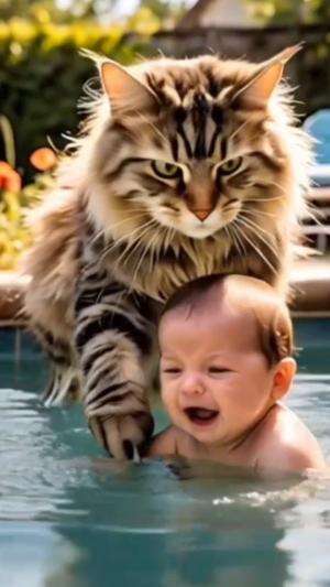 kucing menyelamatkan bayi yang tenggelam  #kucing  #bayi 