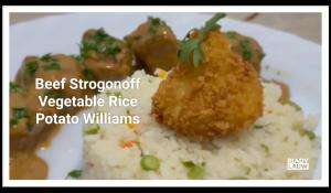 Riady Lauw and French Cuisines (Beef Strogonoff, Vegetable Rice, and Potato Williams)
