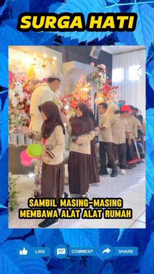 Momen keseruan bocah-bocah SD ini, saat hadiri pernikahan wali kelasnya dengan membawa alat-alat rumah tangga.