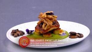 Pan Seared Sweet Lip Emperor With Pear Sauce, Orange Glaze Parsnip, Fried Okra Dan Sauted Mushroom Ala Nindy- MasterChef Season 7