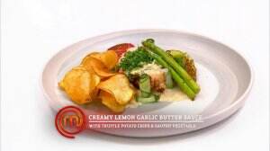 Butter Poached King Prawn With Potato Bisque Sauce And Cauliflower Puree Ala Jerry Dan Creamy Lemon Garlic Butter Sauce With Truffle Potato Chips And Sauted Veg