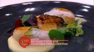 Appetizer Pan Seared Scallop with Cauliflower Puree & Citrus Foam Ala Audrey - MasterChef Season 7