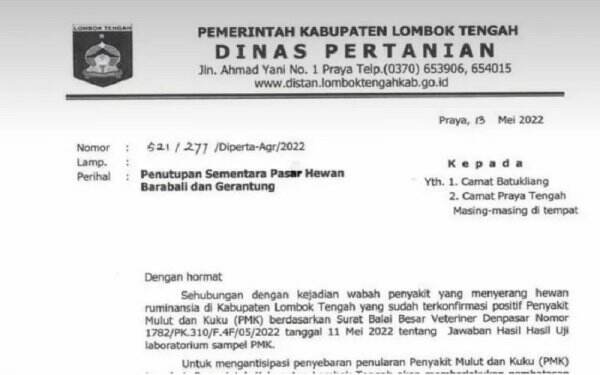 Cegah Penyebaran PMK, Semua Pasar Hewan di Loteng Ditutup