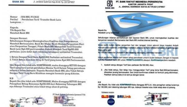 Hoax! Surat Pemberitahuan Perubahan Tarif Transfer Mengatasnamakan BRI ...