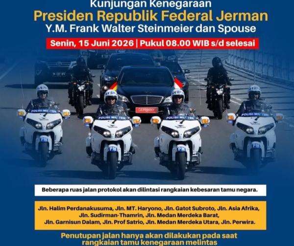 Polisi Tutup 10 Ruas Jalan Protokol saat Presiden Jerman Melintas Hari Ini, Cek Lokasinya! Polisi Tutup 10 Ruas Jalan Protokol saat Presiden Jerman Melintas Hari Ini, Cek Lokasinya!