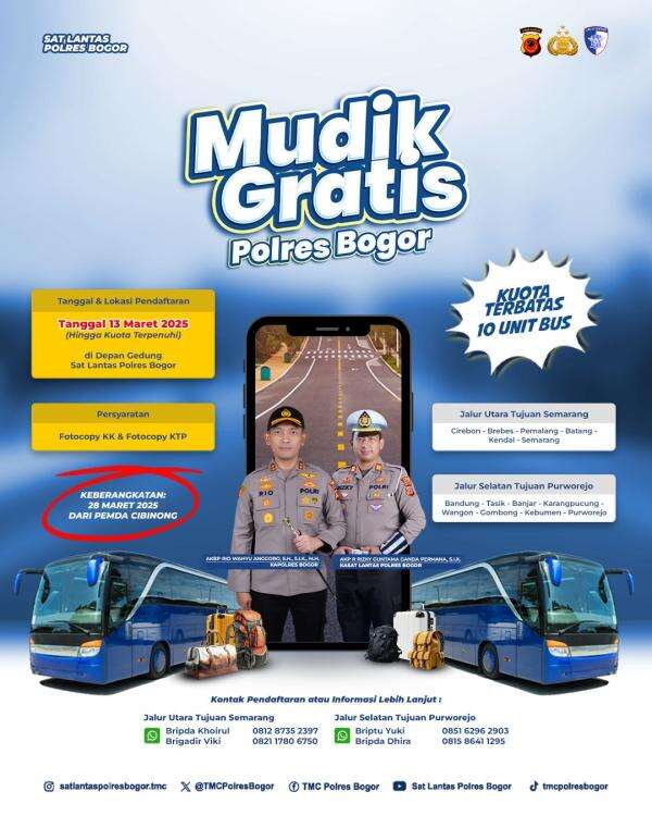 Polres Bogor Siapkan 10 Unit Bus Program Mudik Gratis, Pendaftaran Mulai Dibuka 13 Maret 2025 Polres Bogor Siapkan 10 Unit Bus Program Mudik Gratis, Pendaftaran Mulai Dibuka 13 Maret 2025