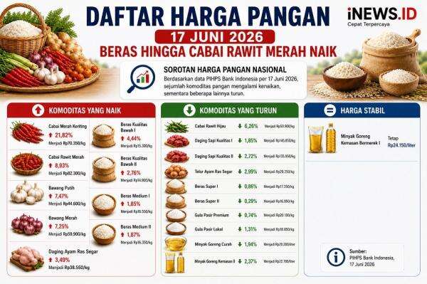 Daftar Harga Pangan 17 Juni 2026, Beras hingga Cabai Rawit Merah Naik Daftar Harga Pangan 17 Juni 2026, Beras hingga Cabai Rawit Merah Naik