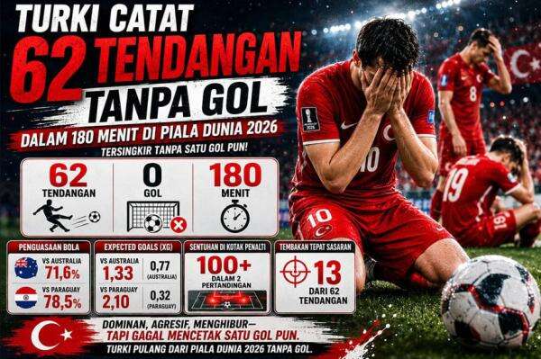 Turki Catat 62 Tendangan Tanpa Gol dalam 180 Menit di Piala Dunia 2026 Turki Catat 62 Tendangan Tanpa Gol dalam 180 Menit di Piala Dunia 2026