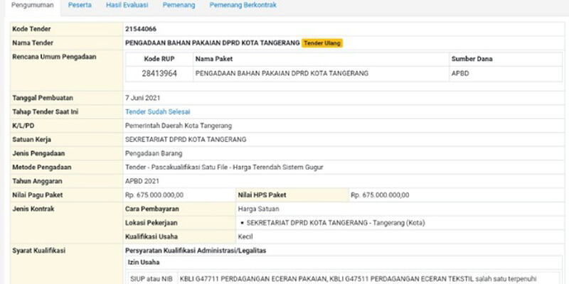 Di Tengah Situasi Sulit Akibat Pandemi, Anggaran Baju Dinas Anggota DPRD Kota Tangerang Melonjak 2 Kali Lipat
