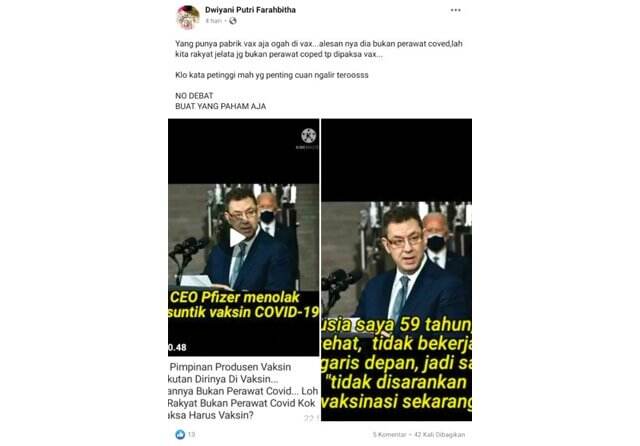 Hoax CEO Pfizer Menolak Suntik Vaksin Covid-19