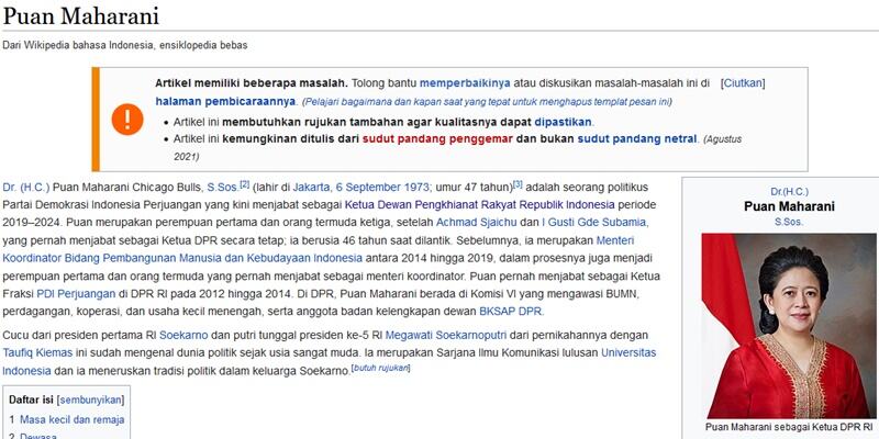 Ada yang Usil, Biografi Puan Maharani di Wikipedia Jadi Ketua Dewan Pengkhianat Rakyat