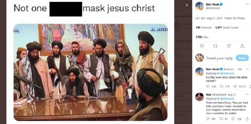 Unggah Foto Taliban Tanpa Masker, Elon Musk: Apakah Mereka Tahu Ada Varian Delta!?