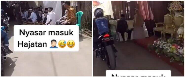 Lewati jalan kampung, pemotor ini malah nyasar ke acara hajatan