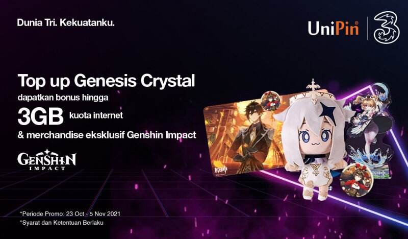 PROMO OKE (Oktober Ekstra) – Top Up Genesis Crystal dengan Pulsa Tri, Dapatkan Kuota Internet Hingga 3GB & Merchandise Genshin Impact!