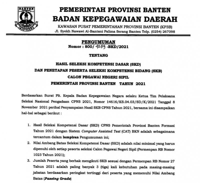 Simak!! Ini Hasil SKD dan Penetapan Peserta SKB CPNS di Provinsi Banten 2021