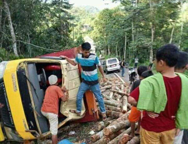 Tak Kuat Nanjak, Truk Pengangkut Kayu Terguling di Lebak